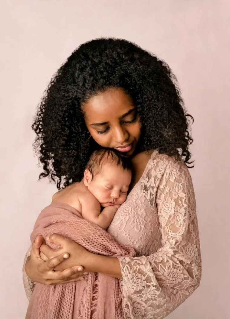 Fotografía de estudio de una madre con su bebé