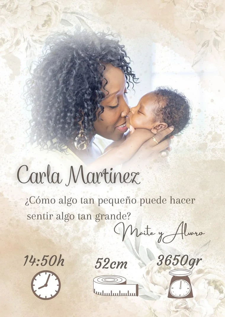 Natalicio personalizado con esa fotografía, con nombre, fecha y medidas del bebé